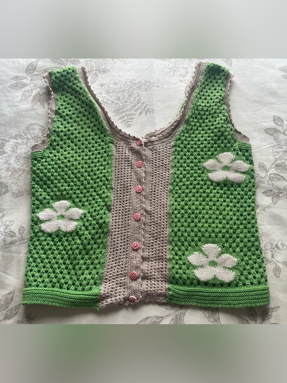 Handmade Green Floral Crochet‎ Button Sleeveless Top Small 6 Cottagecore Boho